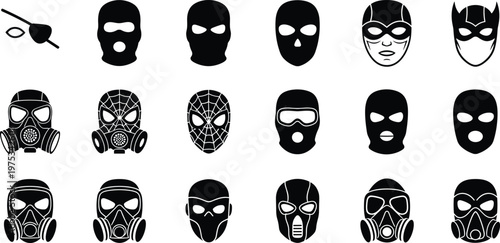 Mask silhouette collection with superhero, gas mask and criminal faces, disguise illustration set, security and anonymity concept, costume design clipart bundle