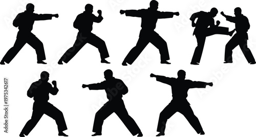 Martial arts silhouettes collection, karate fighters punching and kicking poses, combat training action figures black shapes isolated on white background, sport concept