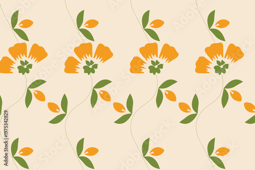 Mustard yellow and green vertical tulip vine seamless pattern featuring climbing flower stems in a structured linear layout