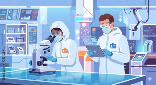 Flat 2.0 vector illustration of two scientists in full white PPE working in a futuristic lab with blue accents on a white background.