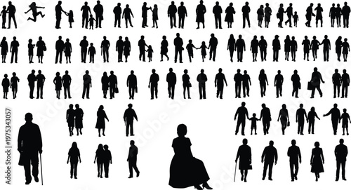People silhouette collection with families, couples, children and elderly figures, diverse human poses illustration set, urban lifestyle design, social activity clipart bundle
