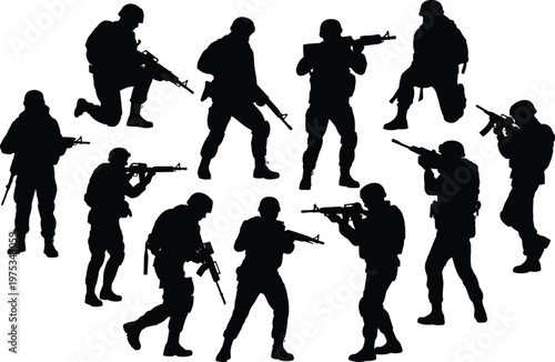 Large collection of black soldier silhouettes in various tactical combat poses and military missions with assault rifles for action movie and defense design projects.
