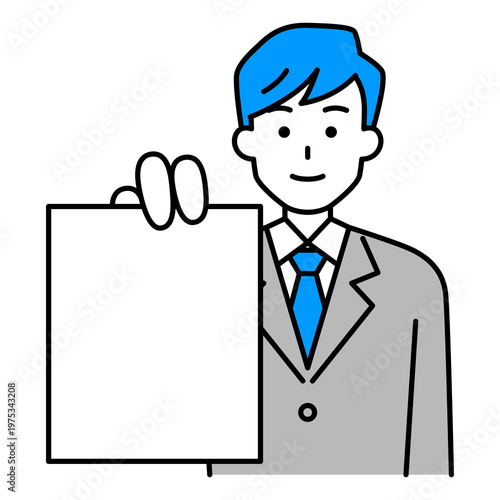 書類を見せるスーツの男性