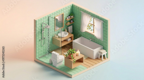 Minimalist isometric 3D render of relaxing bathroom spa