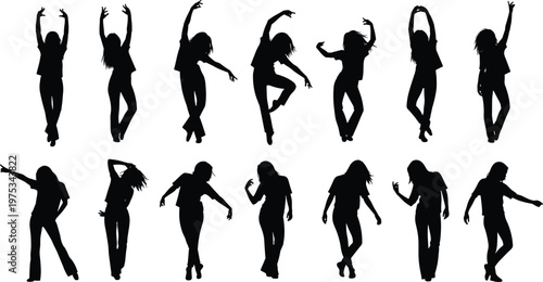 Fotografía Silhouette collection of dancing woman poses, energetic female dancer movements,