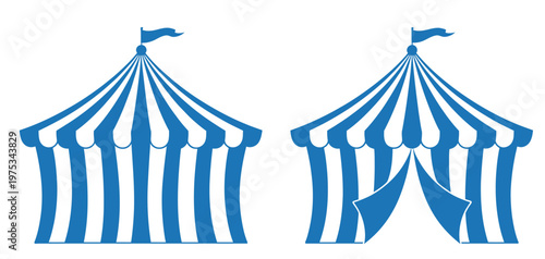 Blue circus tent with flags, showcasing awning and striped canopy details, designed as a vibrant carnival tent and outdoor sunshade, representing a lively attraction with performers and animals