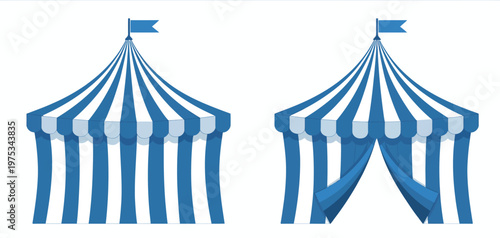 Blue circus tent with flags, awning and canopy structure with striped patterns, illustrated as a carnival attraction with fun show atmosphere, artists and performing animals,