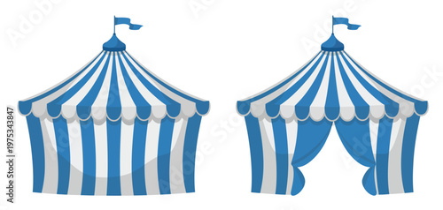 Blue circus tent with flags, awning, canopy and flag sign, carnival tent with striped canopy shop design, outdoor sunshade attraction featuring fun show elements, artists, and tame animals performing 