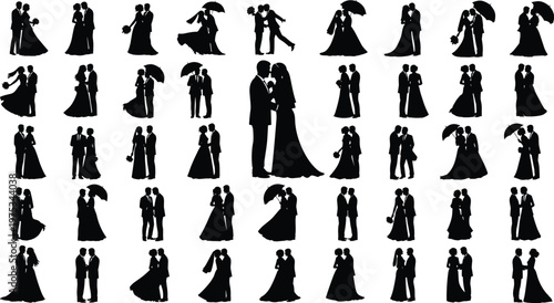 Wedding couple silhouette collection, bride and groom romantic poses, elegant marriage illustration set, love celebration design, bridal theme clipart bundle, romantic moments