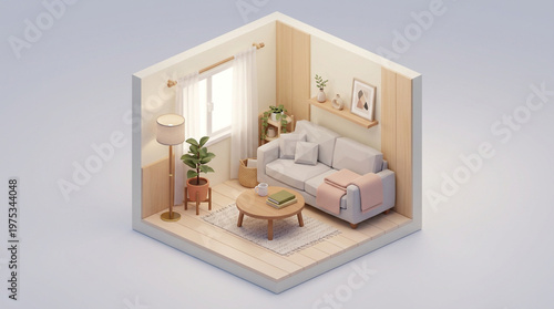 Minimalist isometric 3D render of cozy living room