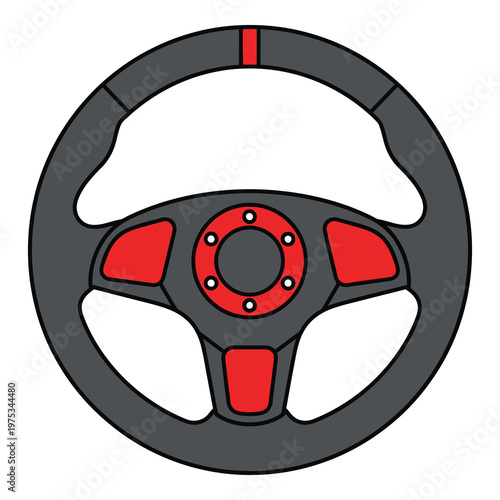 Gray and red steering wheel with three spokes and circular center icon