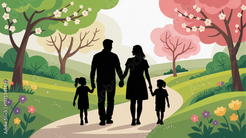 Family walking, happy family, parents and kids, outdoor vector illustration, spring landscape