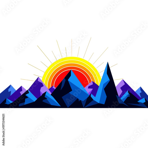 Colorful geometric mountains with rising sun backdrop