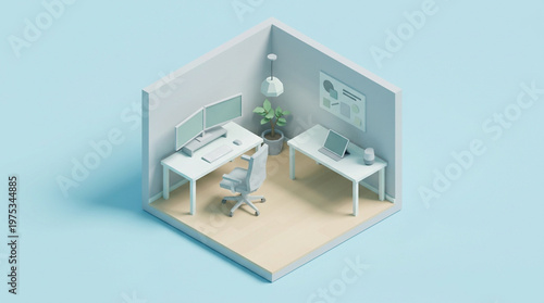 Minimalist isometric 3D render of modern technology office room