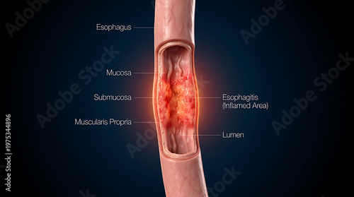 Esophagitis: Inflamed Human Esophagus 3D Medical Illustration. Detailed view of digestive tract inflammation.