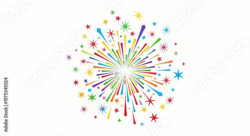 Colorful bursting explosion of bright sparks and starbursts radiating outwards from a central point creating a festive and celebratory visual on a plain surface conveying joy and excitement for