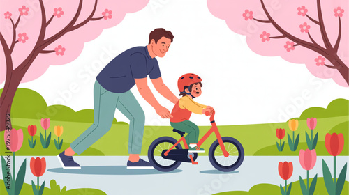 Father teaching child to ride bike, cycling lessons, outdoor fun, spring park scene, colorful illustration