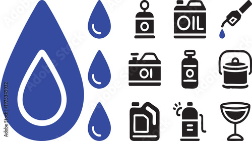 Oil and Fuel Industry Icon Set, Petroleum and Energy Silhouette on Transparent Background