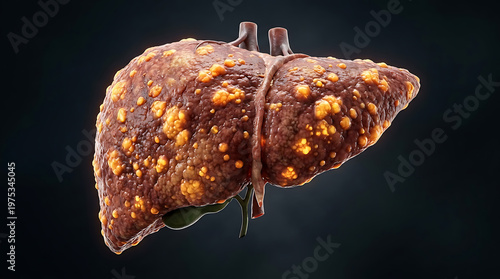 3D render of a severely damaged human liver, depicting cirrhosis, fatty liver disease, or liver cancer with yellow lesions.