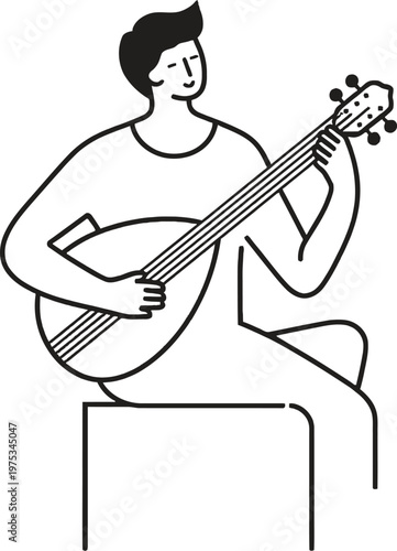 Minimalist line art of a man playing a lute or mandolin, seated and relaxed, simple style