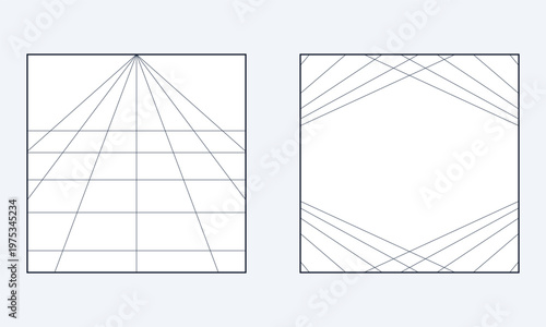 Hand-drawn architectural diagrams showing one-point and two-point perspective grids for technical drafting and design illustration