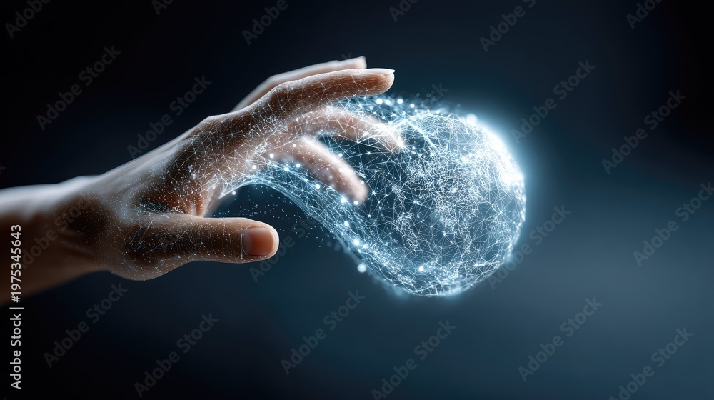 Fototapeta premium Hand Reaches for a Glowing Sphere of Light Representing Technology, Innovation, Data, and Connectivity in a Dark, Mystical Background