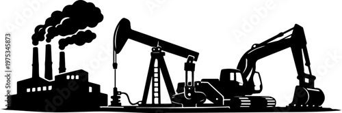 Industrial silhouette of an oil pump jack, factory with smoking chimneys, and construction excavator
