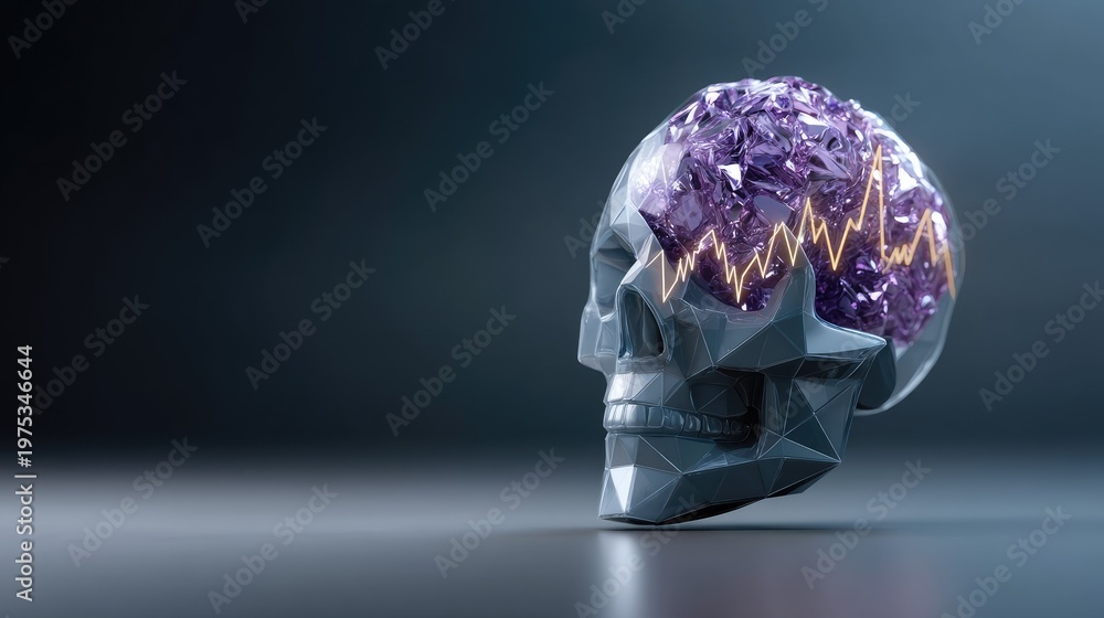 Obraz premium Intricate Skull Design with Crystal Elements and Abstract Brainwave Visuals for Conceptual Art and Modern Aesthetic Representations