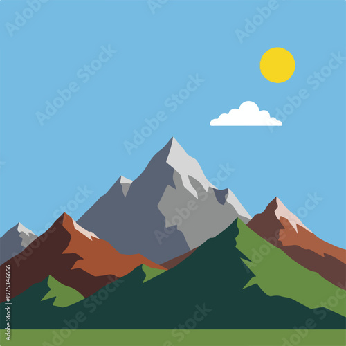 Simplified geometric landscape featuring mountains, sun, cloud, and field