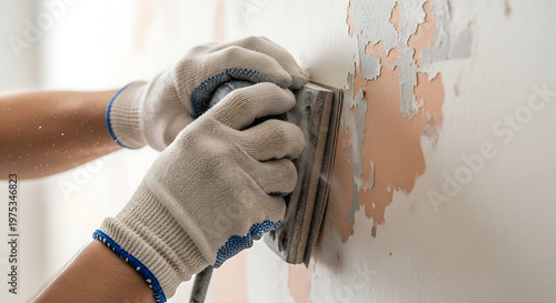 Restoration Hands at Work: A close-up shot captures hands, clad in work gloves, meticulously smoothing a wall surface. A scene of skillful repair and home improvement.