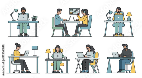Office workers, people at desks, laptop users, business professionals, workspace illustrations, vector set