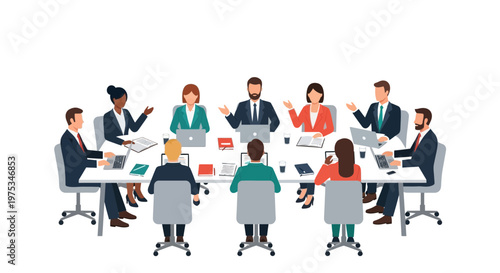 Business team meeting, office collaboration, corporate discussion, people icons
