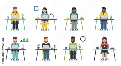 Flat design students, diverse kids sitting at desks, classroom vector icons, educational people set