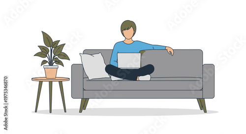 relaxed man, sitting on sofa, working on laptop, home office, vector illustration