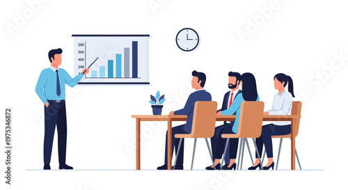 Business presentation, office meeting, teamwork illustration, corporate discussion, graph analysis