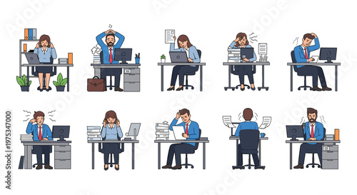 Group of stressed office employees working at their desks with laptops and stacks of papers showing signs of fatigue, burnout, and tiredness.