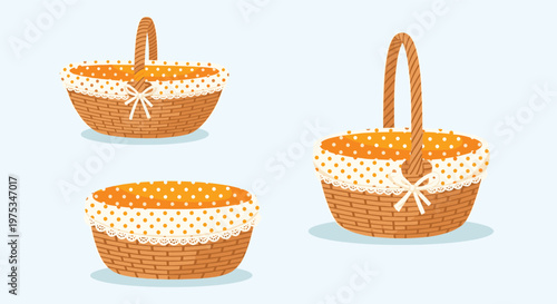 Set of three decorative wicker picnic baskets with white polka dot fabric lining and cute ribbon bows shown in various angles on blue.