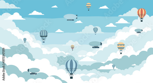 Dreamy sky background with several blue hot air balloons and zeppelins floating calmly among soft white clouds under a bright blue summer day.