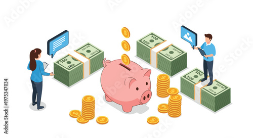 Financial concept illustration with two people saving money in a large pink piggy bank surrounded by tall stacks of cash and gold coins.