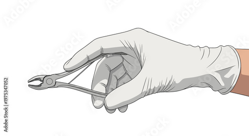 Detail of a hand wearing a white medical glove holding a pair of stainless steel surgical pliers or dental tools for a medical procedure.