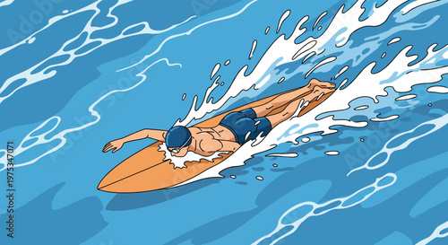 Determined male surfer paddling through the blue ocean waves while lying on an orange surfboard during a sunny day at the beach for surfing.