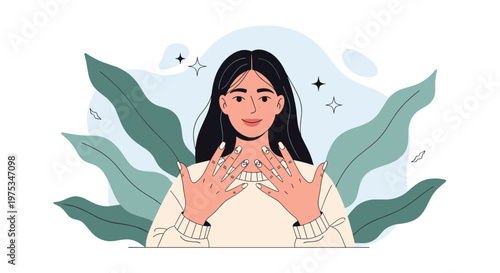 Beautiful woman with long dark hair smiles while showing off her professionally manicured nails with delicate white patterns and leafy designs.