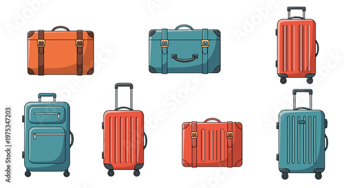 Diverse range of retro suitcases and modern rolling luggage in various colors like orange and teal for travel and vacation planning.
