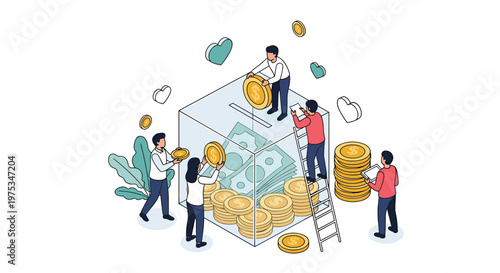 Dedicated team of people working together to put large gold coins into a transparent glass donation box for a charitable social project.