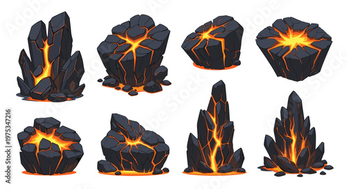 Collection of volcanic rock formations with glowing orange lava flowing through deep cracks representing geological heat and power.