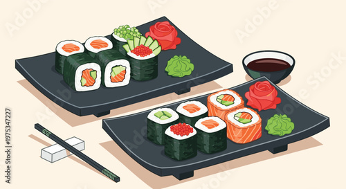 Two platters of fresh sushi and sashimi rolls served with ginger, wasabi, soy sauce, and chopsticks on an elegant light background.