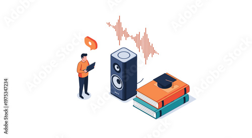 Isometric illustration of a student listening to an audio lesson with a large speaker and a stack of books with a graduation cap.