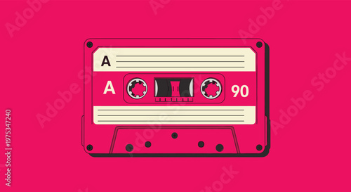 Vintage pink cassette tape for audio recording is presented on a vibrant magenta background in a minimalist retro style.