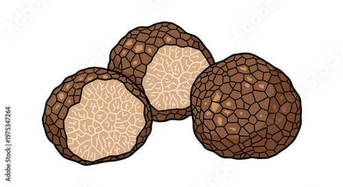 Group of rare black truffles with one sliced open to reveal the intricate inner white patterns of this gourmet mushroom.