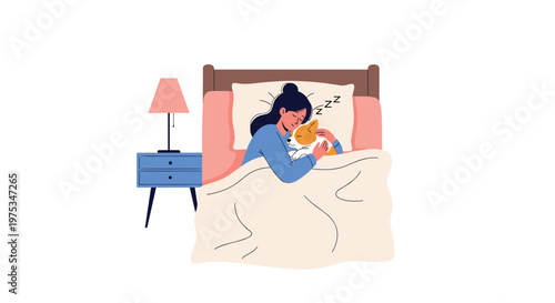 Young woman sleeps peacefully in her bed while cuddling with her small pet dog under a warm cream colored blanket.